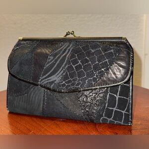 Vintage Patchwork Black Clutch Wallet with Kiss Lock Coin Pocket